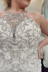 White Beaded Halter Trumpet Long Wedding Dress